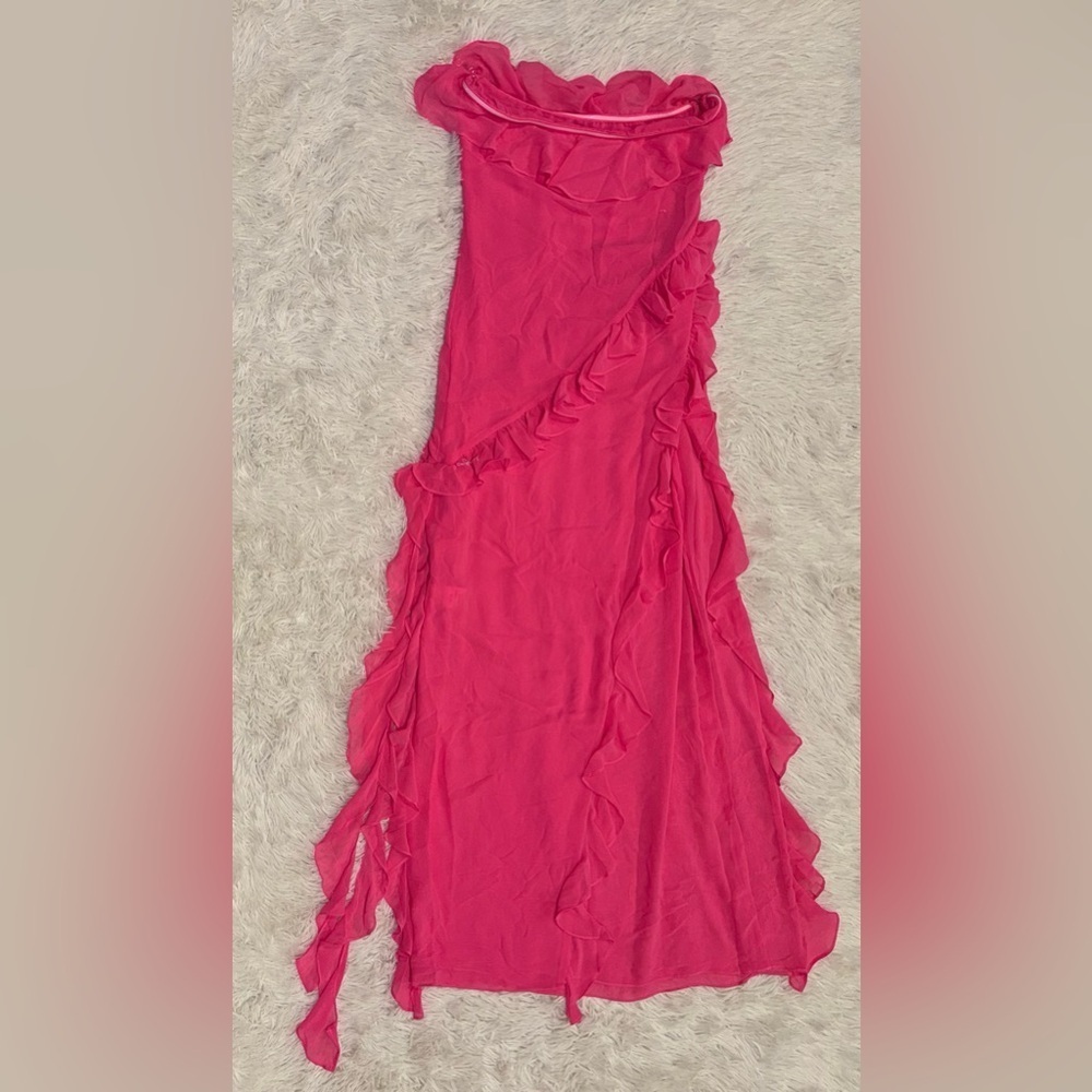 NWOT HOUSE OF CB Sarina Fuchsia Hot Pink Ruffle Strapless Maxi Dress sz L - Picture 5 of 9